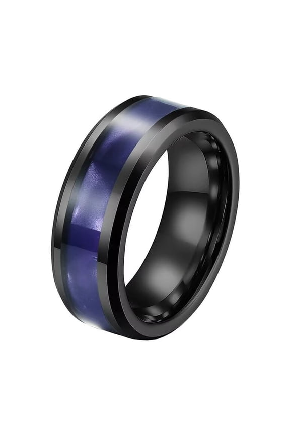 Men's 8mm Stainless Steel Domed Style Purple Flakes Inlay Matte Brushed Statement Wedding Ring Comfort Fit Beveled Edges Black Size 9
