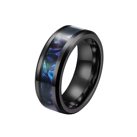 PAMTIER Men's 8mm Stainless Steel Domed Style Rainbow Flakes Inlay Matte Brushed Statement Wedding Ring Comfort Fit Beveled Edges Black Size 12