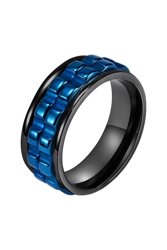 Men's 8mm Stainless Steel Personality Hip Hop Cool Heavy Brick Double Blue Gear Rotatable Fidget Ring Anxiety Wedding Band Black Size 11