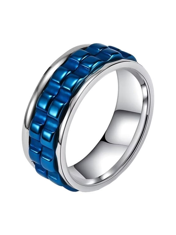 Men's 8mm Stainless Steel Personality Hip Hop Cool Heavy Brick Double Blue Gear Rotatable Fidget Ring Anxiety Wedding Band Silver Size 9