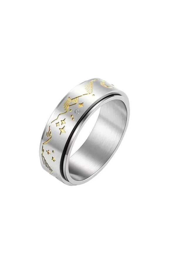 Men's 8mm Stainless Steel Simple Classic Moon Star Rotatable Ring with Crystal Inlay Unique Landscape Scene Wedding Band Silver Size 10