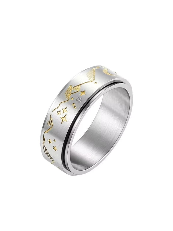 Men's 8mm Stainless Steel Simple Classic Moon Star Rotatable Ring with Crystal Inlay Unique Landscape Scene Wedding Band Silver Size 9