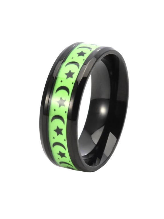 Men's 8mm Stainless Steel Simple Classic Moon Star Wedding Luminous Ring Personalized Couple Starry Sky Band Glow in The Dark Black Size 8