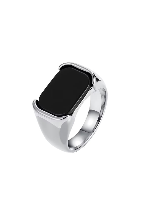 Men's Bold Statement Ring Polished Stainless Steel Minimalist Yet Powerful Band with Squar Large Black Stone Silver Size 10