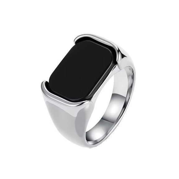 PAMTIER Men's Bold Statement Ring Polished Stainless Steel Minimalist Yet Powerful Band with Squar Large Black Stone Silver Size 9