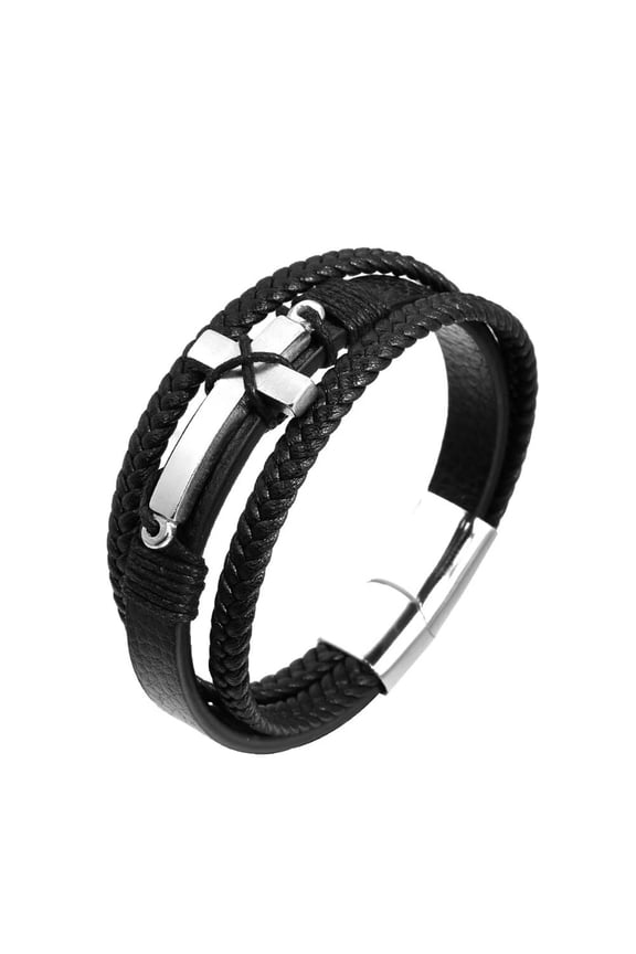 Mens Braided Leather Bracelet with Stainless Steel Metal Cross Vintage Rugged Religious Strength and Faith Jewelry for Him