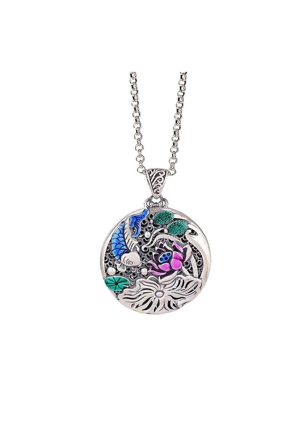 Men's Copper Retro Elegant Cut Out Round Lotus Flower Pattern Koi Carp Fish Lucky Amulet Pendant Necklace Chinese Style Free Chain