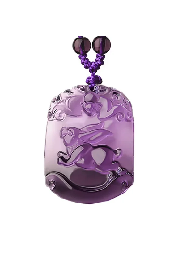 Men's Created-Amethyst Vintage Classic Square 12 Chinese Zodiac Dog Tag Sign Pendant Horoscope Animal Patron Saint Amulet Necklace Hare