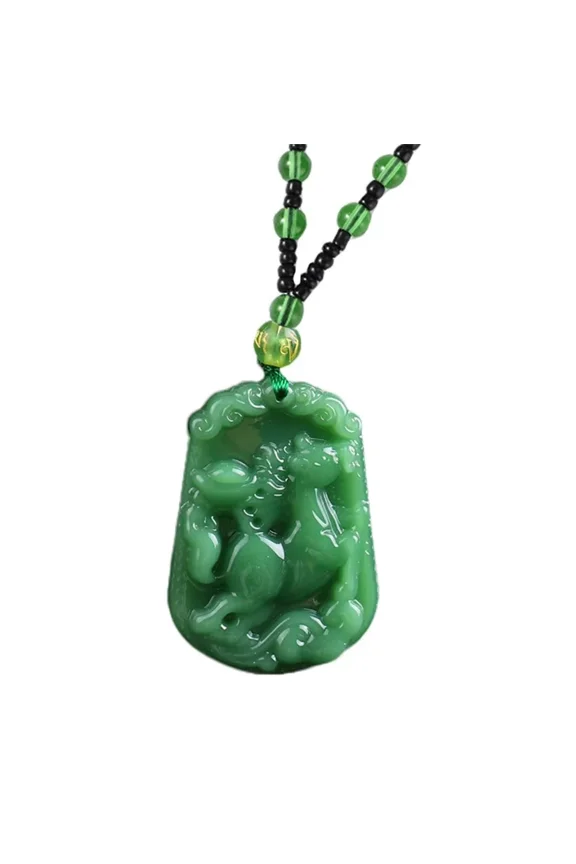 Men's Created-Jade Vintage 12 Chinese Zodiac Signet Pendant Horoscope Animal Sign Necklace with Adjustable 6 Word Mantra Bead Chain Horse
