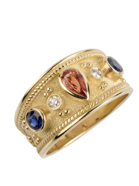 Men's Etruscan Inspired Multi CZ Wide Band Ring Vintage Byzantine Gemstone Statement Jewelry Daily Banquet Occasion Stainless Steel Gold Plated Size 9