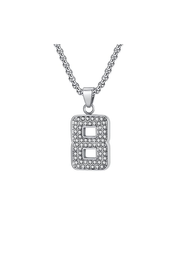 Men’s Hip Hop Number 8 Pendant Necklace Iced Out Silver Tone Stainless Steel Charm with Zirconia Drippy Rapper Chain for Streetwear Concert Daily Fashion Jewelry Gift Silver with Chain