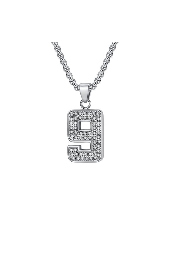 Men’s Hip Hop Number 9 Pendant Necklace Iced Out Silver Tone Stainless Steel Charm with Zirconia Drippy Rapper Chain for Streetwear Concert Daily Fashion Jewelry Gift Silver No Chain