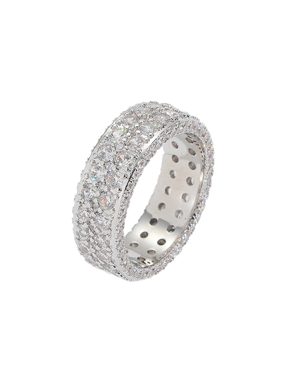Men's Hip Hop Ring Vintage Bling Simple 7.5mm Full Cubic Zirconia Band Streetwear Punk Rapper Stackable Statement Jewelry Silver Size 11