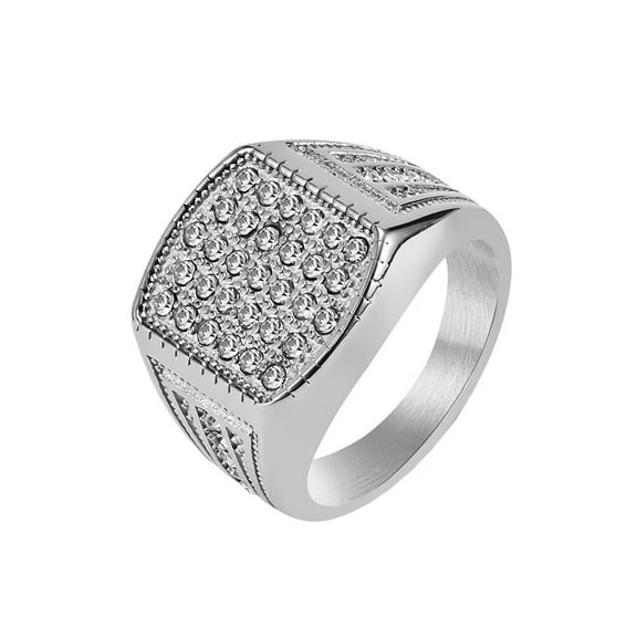 PAMTIER Men's Non-mainstream Hip Hop Chunky Crystal Micro-Pave Iced Out Round Zircon Inlay Radiant Biker Finger Ring Cool Statement Silver Size 8