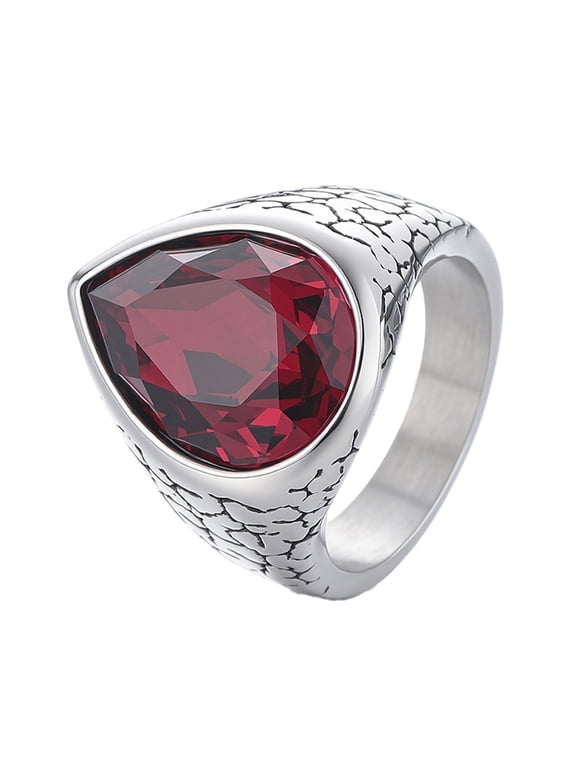 Men's Pear Teardrop Gemstone Signet Ring Stainless Steel Vintage Gothic Cracked Tortoise Antique Biker Statement Band