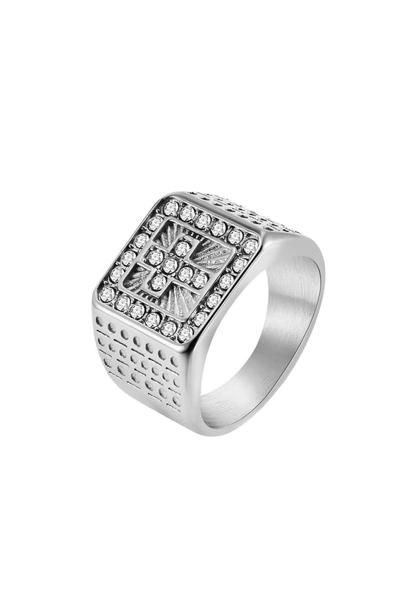 Men's Personality Classic Hip Hop Square Crystal Micro-Pave Iced Out Round Cubic Zirconia Inlay Cross Knight Ring Wedding Band Silver Size 8