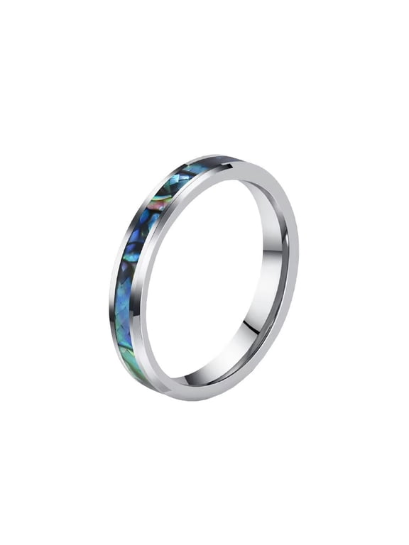 Men's Personality Cool 4MM Rainbow Abalone Shells Inlay Tungsten Carbide Stacking Midi Wedding Ring Beveled Polished Edge Silver Size 6