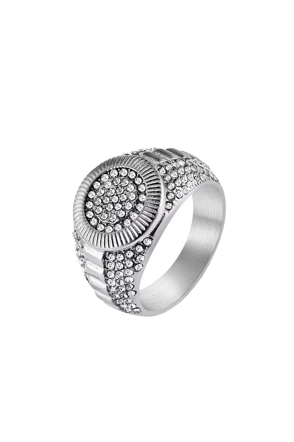Men's Personality Hip Hop Crystal Micro-Pave Iced Out Round Zircon Inlay Radiant Biker Ring Cool European and American Style Silver Size 11