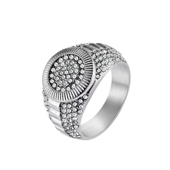 PAMTIER Men's Personality Hip Hop Crystal Micro-Pave Iced Out Round Zircon Inlay Radiant Biker Ring Cool European and American Style Silver Size 8