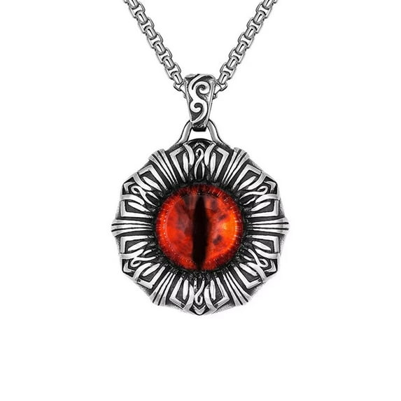 PAMTIER Men's Personality Retro Punk Rock Gothic Evil Eye Protection Round Bloody Red Gemstone Pendant Stainless Steel Necklace with 23.6" Chain