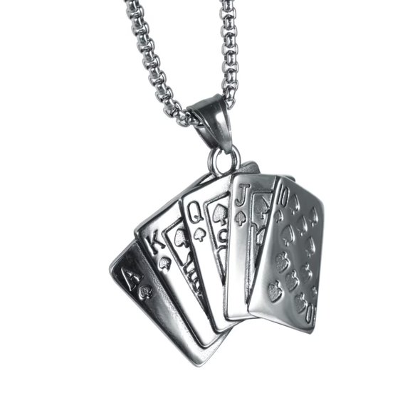 PAMTIER Men's Punk Rock Stainless Steel Straight Flush Ace of Spades Playing Card Poker Biker Necklace Gambling Game Ancient Silver with Chain