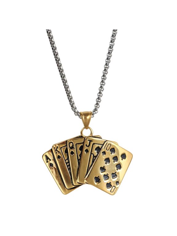 Men's Punk Rock Stainless Steel Straight Flush Ace of Spades Playing Card Poker Biker Pendant Necklace Gambling Game Gold No Chain