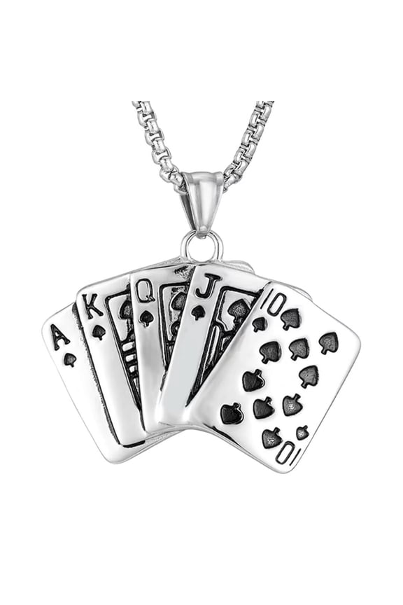 Men's Punk Rock Stainless Steel Straight Flush Ace of Spades Playing Card Poker Biker Pendant Necklace Gambling Game Silver No Chain