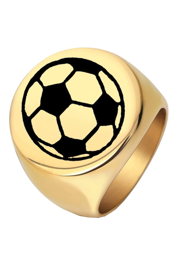 Men's Stainless Steel 22MM Circle Versatile Personality Glossy Carved Soccer Ball Ring Gold Size 9