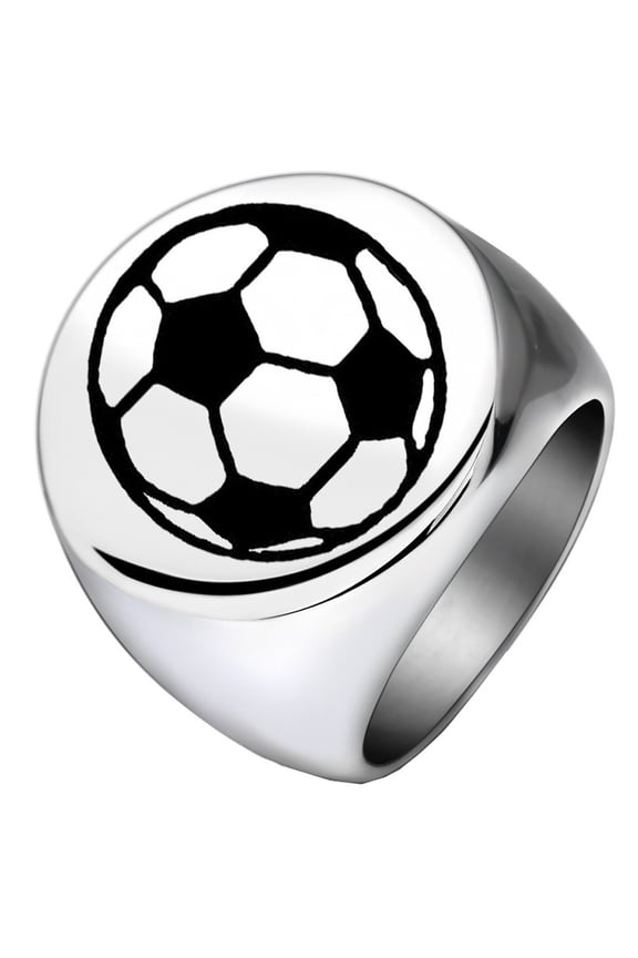 Men's Stainless Steel 22MM Circle Versatile Personality Glossy Carved Soccer Ball Ring Silver Size 11