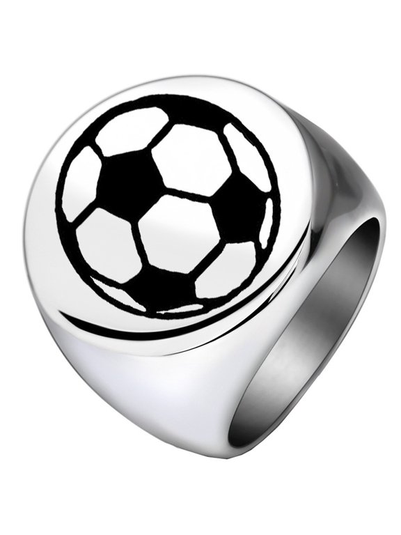 Men's Stainless Steel 22MM Circle Versatile Personality Glossy Carved Soccer Ball Ring Silver Size 15