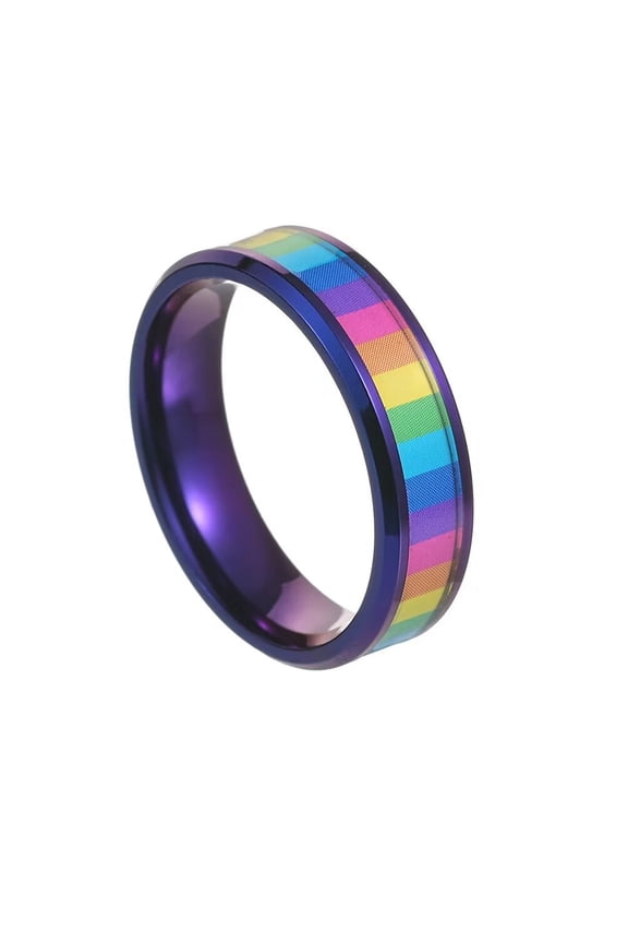 Men's Stainless Steel 6MM Simple High Polished Gay Pride Rainbow Flag Ring Wedding Band Ring Purple Size 9