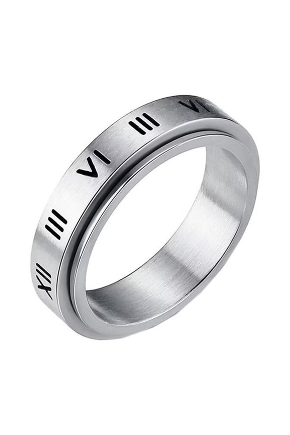 Men's Stainless Steel 6mm High Polished Roman Numerals Rotatable Ring for Anxiety Silver Size 7
