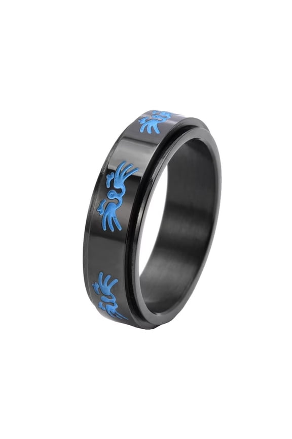 Men's Stainless Steel 6mm Luminous Glow Simple Cute Fortune Cat Face Lucky Rotatable Fidget Ring Toy Finger Anxiety Band Black Size 8