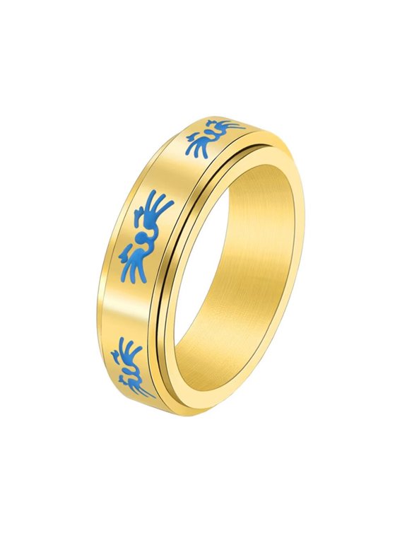 Men's Stainless Steel 6mm Luminous Glow Simple Cute Fortune Cat Face Lucky Rotatable Fidget Ring Toy Finger Anxiety Band Gold Size 12
