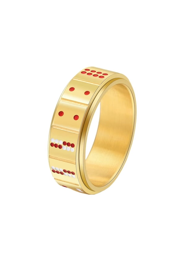 Men's Stainless Steel 8MM Creative Chinese Style Dice Playing Card Rotatable Ring Gold Size 9