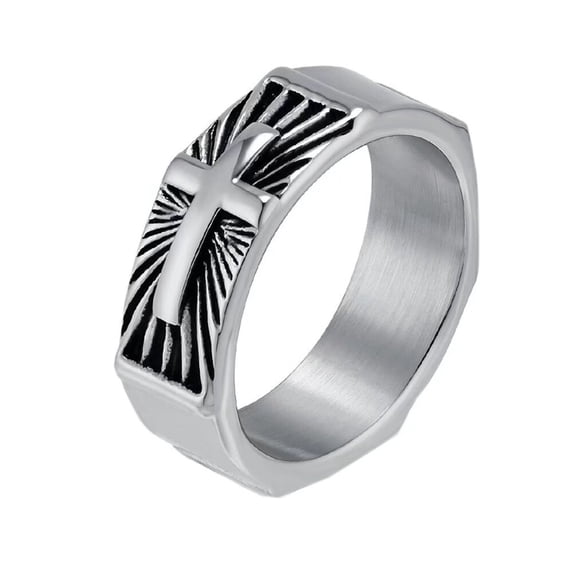 PAMTIER Men's Stainless Steel 8MM Personalized Vintage Cross Prayer Lucky Ring Silver Size 10