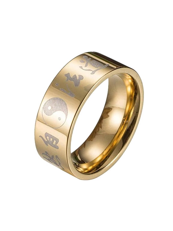 Men's Stainless Steel 8MM Tai Chi Gossip Pattern Chinese Character Religion Mantra Amulet Biker Ring Yin Yang Balance Talisman Gold Size 8
