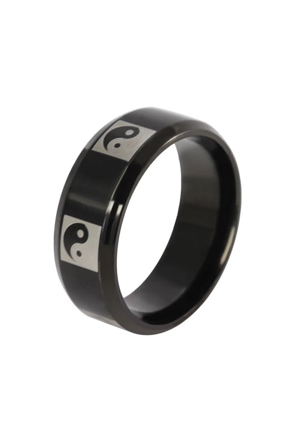 Men's Stainless Steel 8MM Vintage Chinese Taoist Tai Chi Gossip Pattern Religion Amulet Ring Statement Wedding Bands Black Size 13