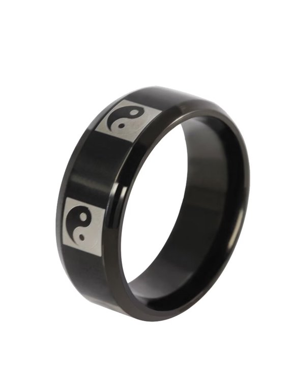 Men's Stainless Steel 8MM Vintage Chinese Taoist Tai Chi Gossip Pattern Religion Amulet Ring Statement Wedding Bands Black Size 8