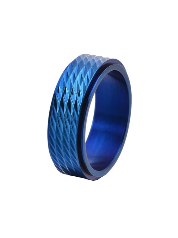 Men's Stainless Steel 8MM Vintage Personalized Rhombic Faced Classic Plain Rotatable Fidget Ring Hip Hop Relieve Anxiety Band Blue Size 9
