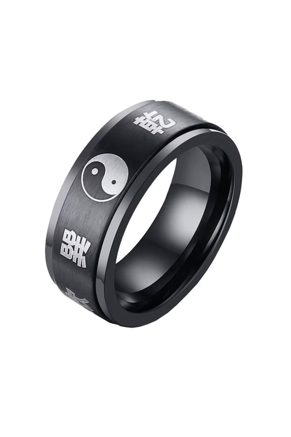 Men's Stainless Steel 8MM Vintage Tai Chi Gossip Pattern Religion Mantra Amulet Rotatable Ring Yin Yang Balance Talisman Black Size 9