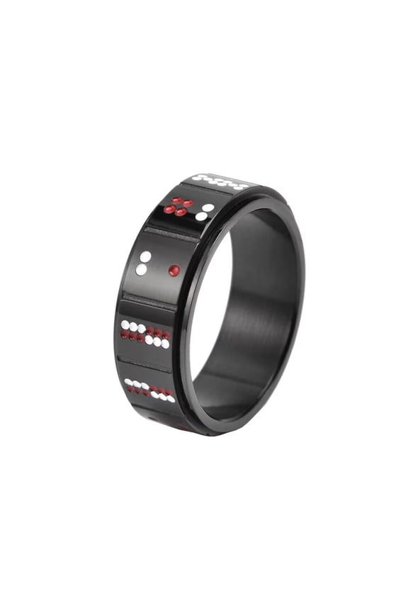 Men's Stainless Steel 8mm Vintage Punk Personality Dice Pattern Rotatable Fidget Ring Anxiety Gothic Biker Lucky Gamble Black Size 7