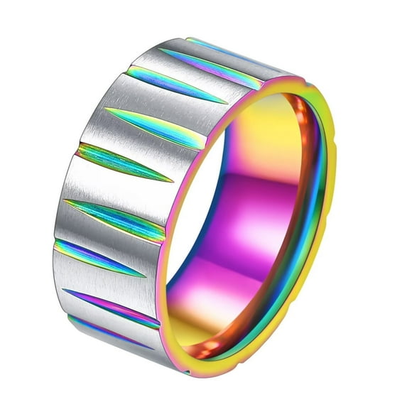 PAMTIER Men's Stainless Steel 9mm Simple Rainbow Colorful Brushed Cone Triangle Stripe Groove Pattern Engraved Biker Ring Statement Rainbow Size 10