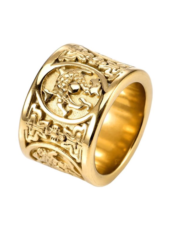 Men's Stainless Steel Ancient 4 Guardian Beasts Signet Biker Ring Carved Dragon, White Tiger, Suzaku, Basalt Lucky Amulet Gold Size 8