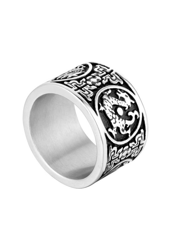 Men's Stainless Steel Ancient 4 Guardian Beasts Signet Biker Ring Carved Dragon, White Tiger, Suzaku, Basalt Lucky Amulet Silver Size 11
