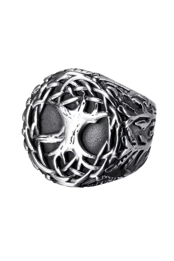 Men's Stainless Steel Anniversary Ring Retro Round Tree of Life Signet Band Silver Size 11