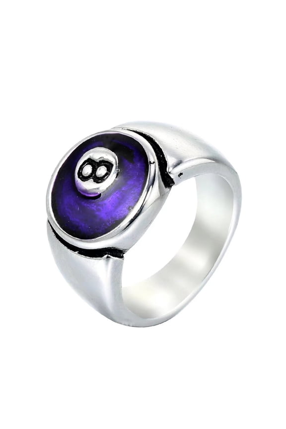 Men's Stainless Steel Billiard 8 Ball Signet Lucky Gothic Biker Ring Silver Purple Size 12
