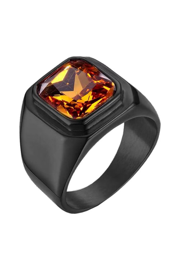 Men's Stainless Steel Black Plated Ring with Square Orange Gem Stone Size 12