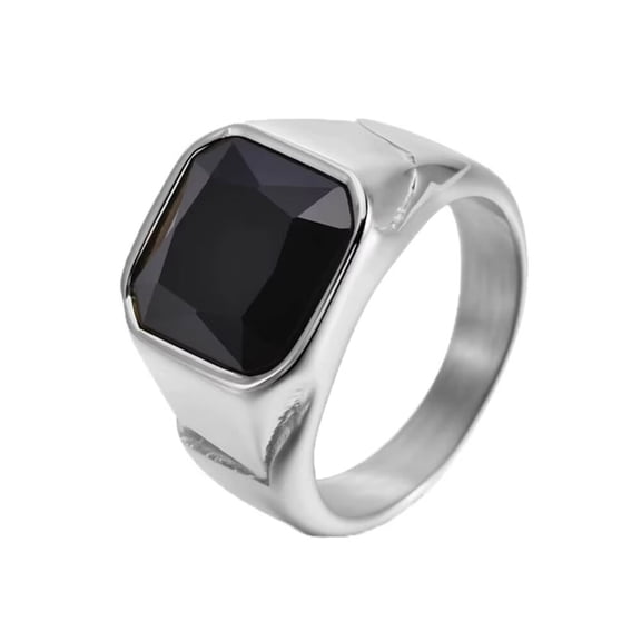 PAMTIER Men's Stainless Steel Bold Square Gem Minimalist Trendy Retro Statement Festival Birthday Dating Ring Silver Black Size 10