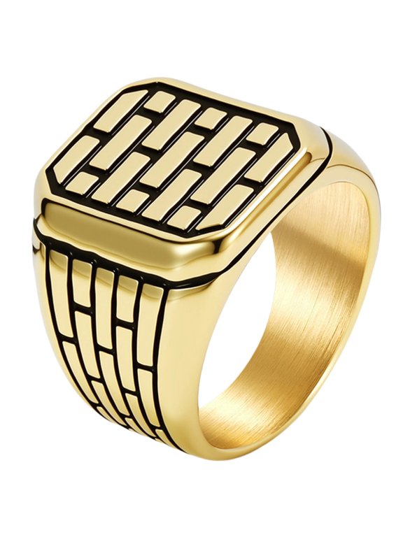 Men's Stainless Steel Brick Pattern Rings Unique Block Geometric Top Band, Bold Industrial Statement Jewelry Gift for Daily Wear Gold Size 11